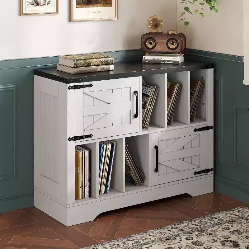 Meuble de rangement pour disques vinyles en bois de ferme avec portes de grange et rangement pour vinyles, support de platine vinyle moderne du milieu du siècle pour salon