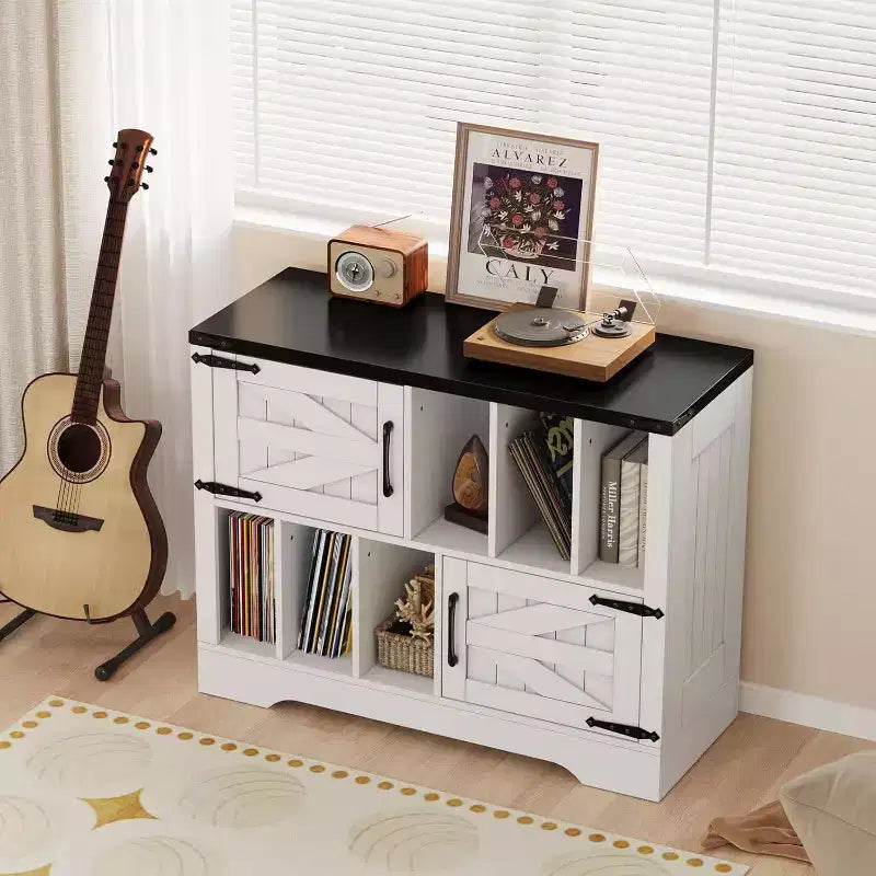 Meuble de rangement pour disques vinyles en bois de ferme avec portes de grange et rangement pour vinyles, support de platine vinyle moderne du milieu du siècle pour salon