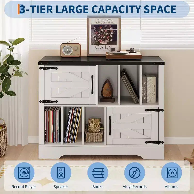 Meuble de rangement pour disques vinyles en bois de ferme avec portes de grange et rangement pour vinyles, support de platine vinyle moderne du milieu du siècle pour salon