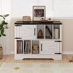 Meuble de rangement pour disques vinyles en bois de ferme avec portes de grange et rangement pour vinyles, support de platine vinyle moderne du milieu du siècle pour salon