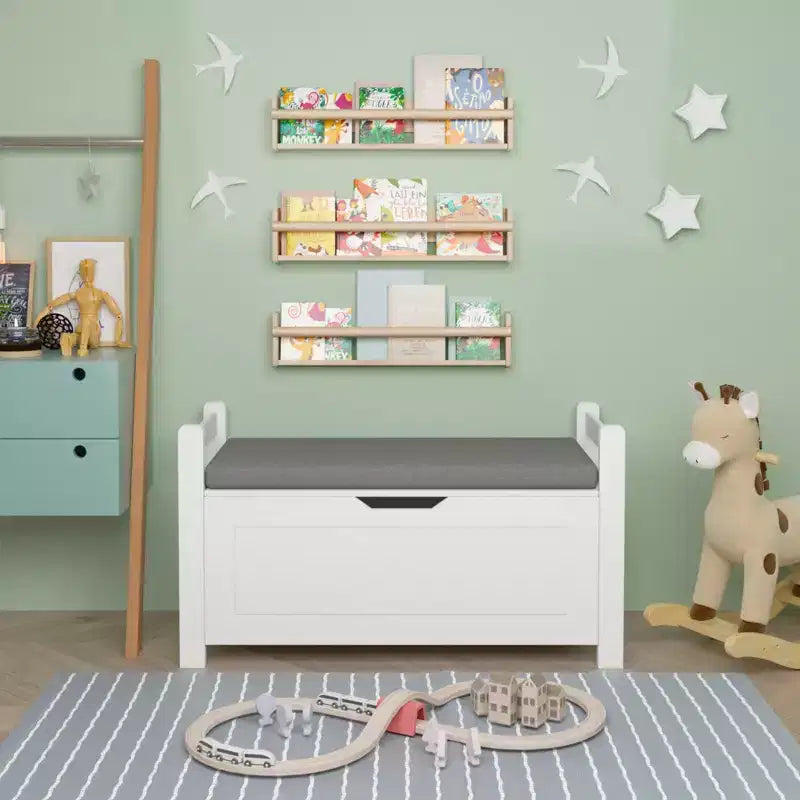 Kids Toy Box Chest, White Toy Box for Boys Girls, Large Storage Cabinet with Cushion Seat Bench/Flip-Top Lid/Safety Hinge, Toy Storage Organizer Trunk