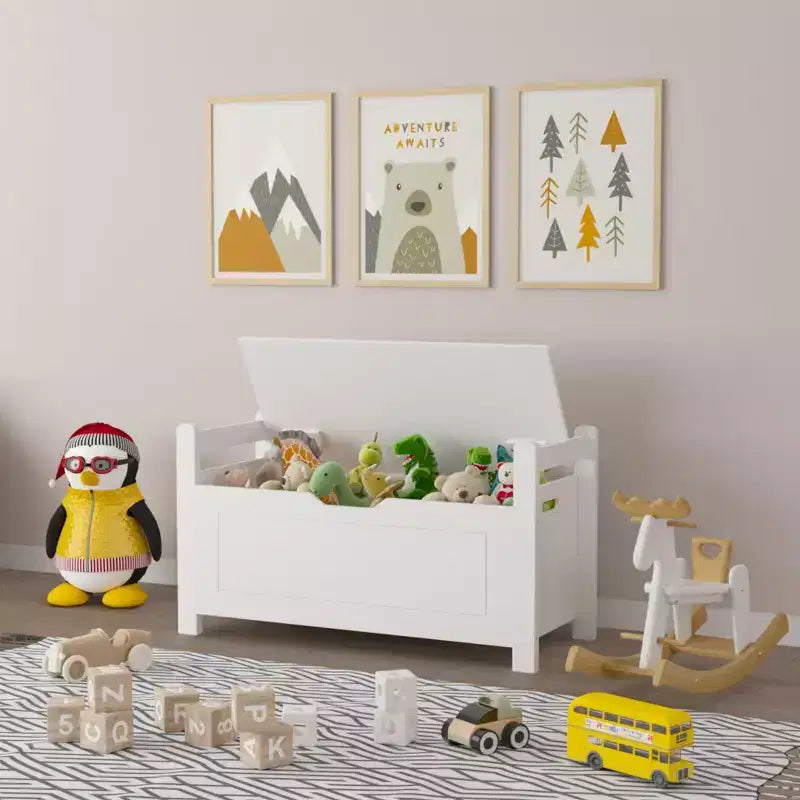 Coffre à jouets pour enfants, boîte à jouets blanche pour garçons et filles, grande armoire de rangement avec banc rembourré/couvercle rabattable/charnière de sécurité, coffre de rangement pour jouets