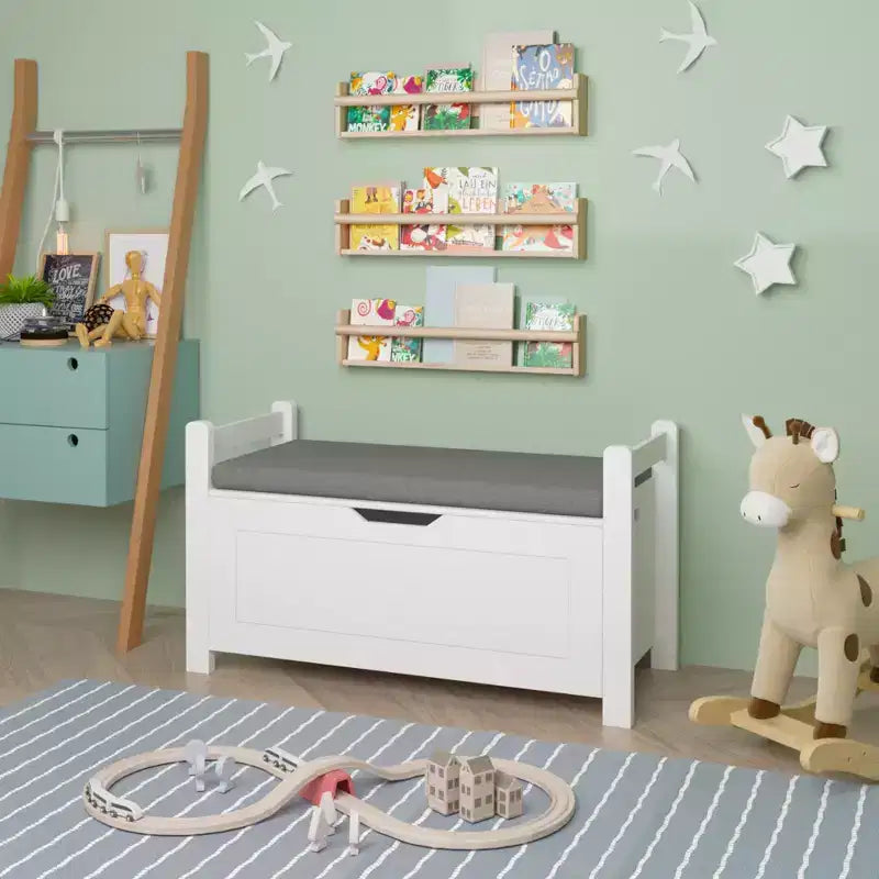 Coffre à jouets pour enfants, boîte à jouets blanche pour garçons et filles, grande armoire de rangement avec banc rembourré/couvercle rabattable/charnière de sécurité, coffre de rangement pour jouets