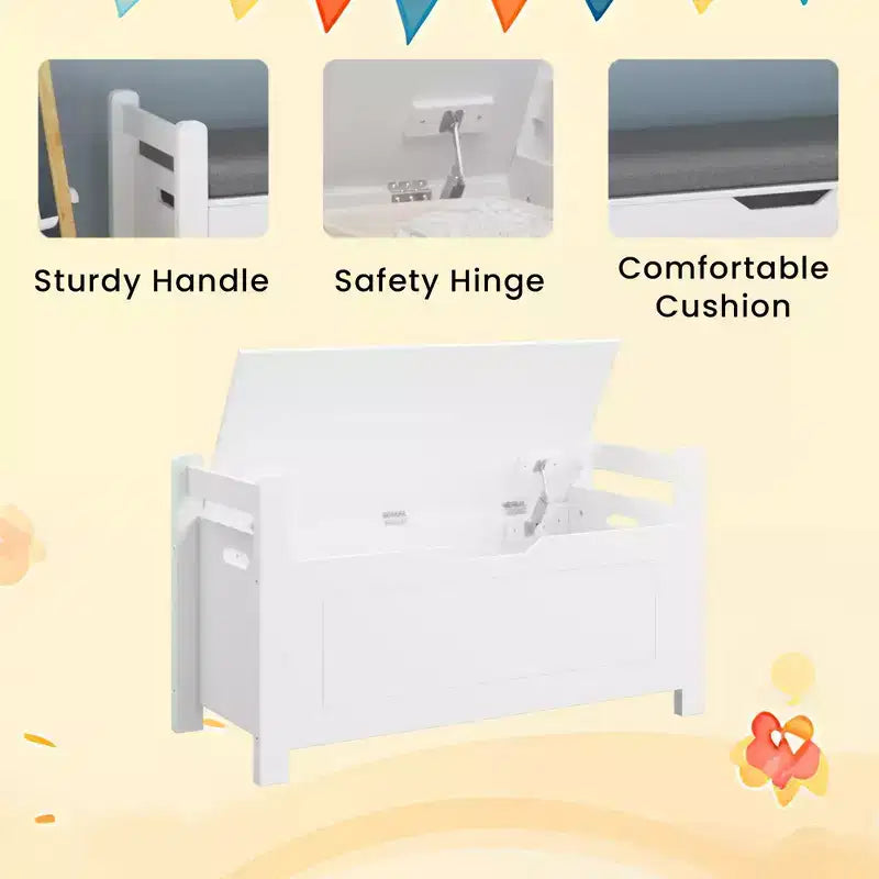 Coffre à jouets pour enfants, boîte à jouets blanche pour garçons et filles, grande armoire de rangement avec banc rembourré/couvercle rabattable/charnière de sécurité, coffre de rangement pour jouets