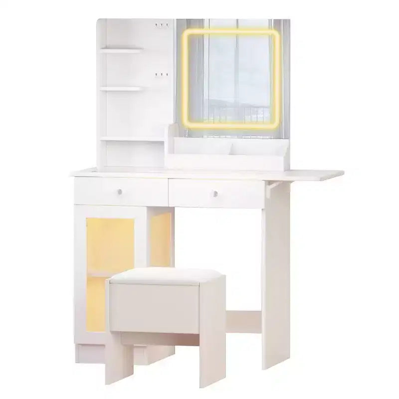 Okak Small Vanity Desk with Storage Stool and Glass Top, Makeup Vanity with 2 USB Power Strip, Dressing Table for Living Room, Bedroom, White
