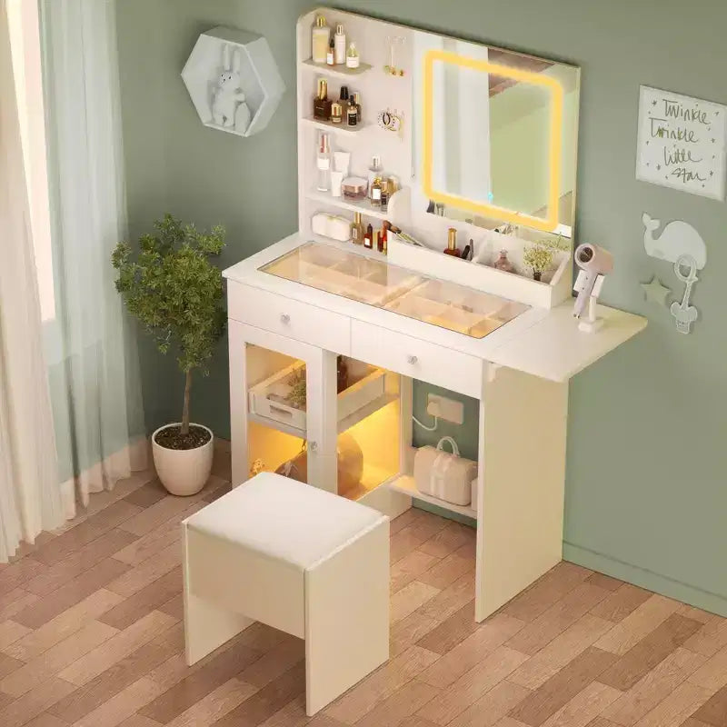 Coiffeuse Okak avec tabouret de rangement et plateau en verre, coiffeuse avec 2 prises USB, table de maquillage pour salon, chambre, blanc