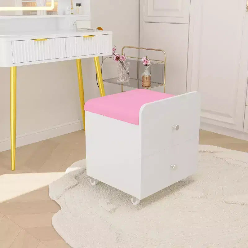 Tabouret de Coiffeuse avec Tiroir de Rangement et Roues Verrouillables, Chaise de Maquillage Carrée Rembourrée et Table d'Appoint pour Chambre, Salon ou Coiffeuse