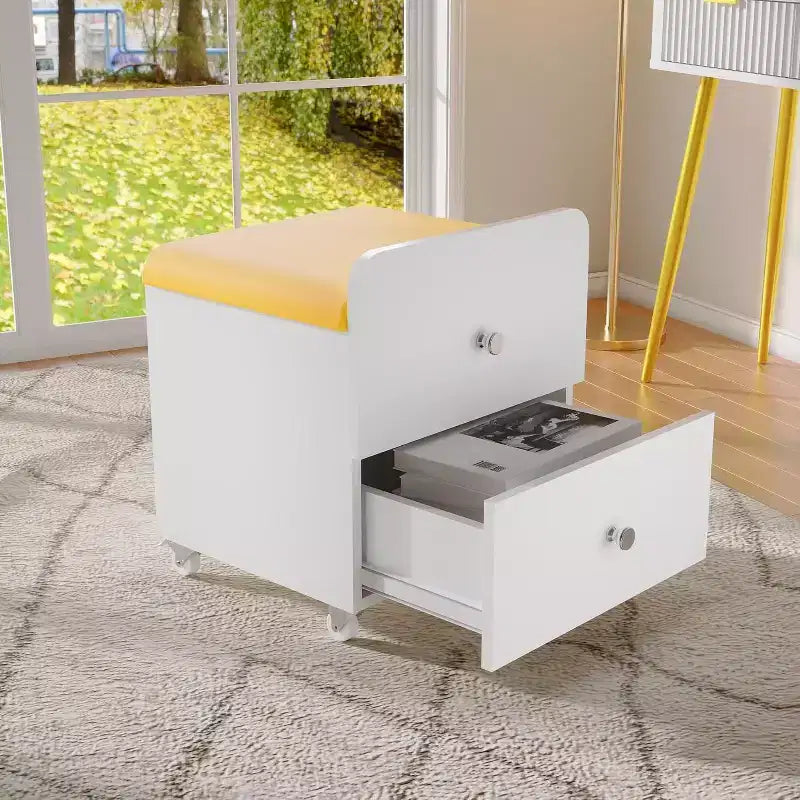 Tabouret de Coiffeuse avec Tiroir de Rangement et Roues Verrouillables, Chaise de Maquillage Carrée Rembourrée et Table d'Appoint pour Chambre, Salon ou Coiffeuse