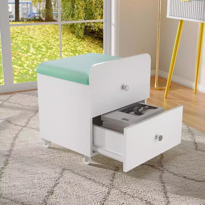 Tabouret de Coiffeuse avec Tiroir de Rangement et Roues Verrouillables, Chaise de Maquillage Carrée Rembourrée et Table d'Appoint pour Chambre, Salon ou Coiffeuse