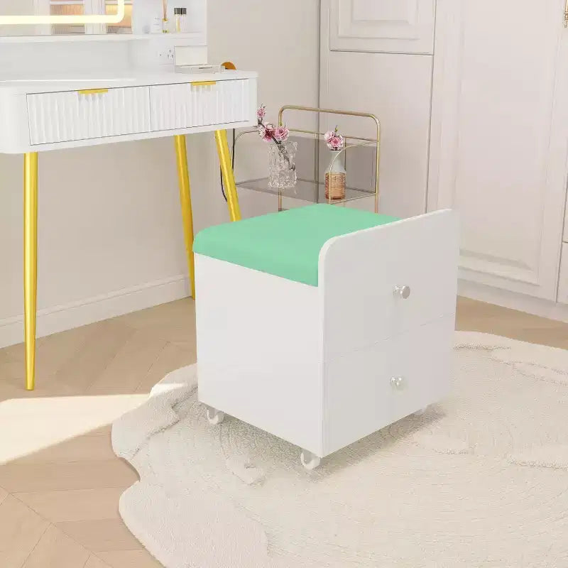 Tabouret de Coiffeuse avec Tiroir de Rangement et Roues Verrouillables, Chaise de Maquillage Carrée Rembourrée et Table d'Appoint pour Chambre, Salon ou Coiffeuse