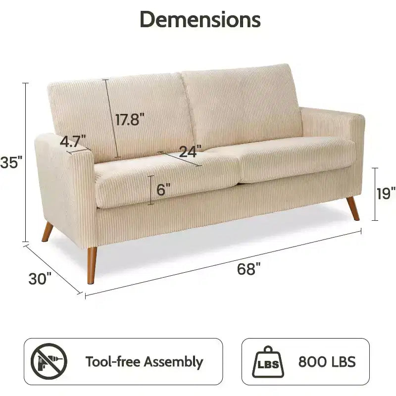 Dyonery Canapé deux places 68, Canapé moderne du milieu du siècle avec coussin à ressorts, cadre en bois massif, assemblage sans outils