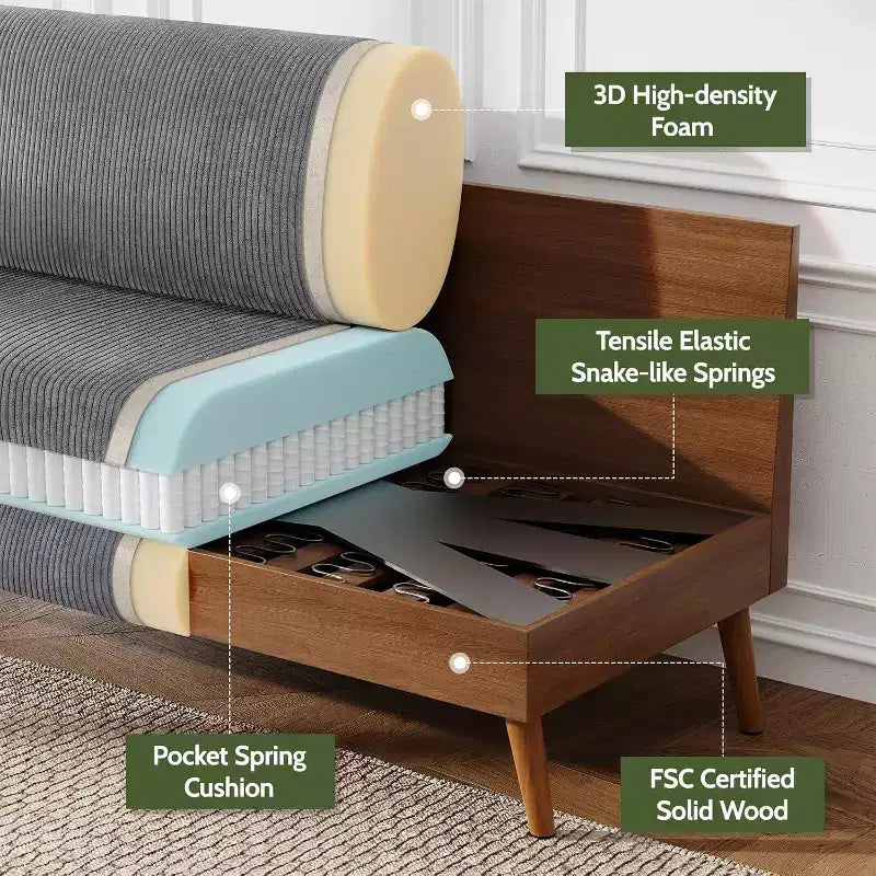 Dyonery Canapé deux places 68, Canapé moderne du milieu du siècle avec coussin à ressorts, cadre en bois massif, assemblage sans outils