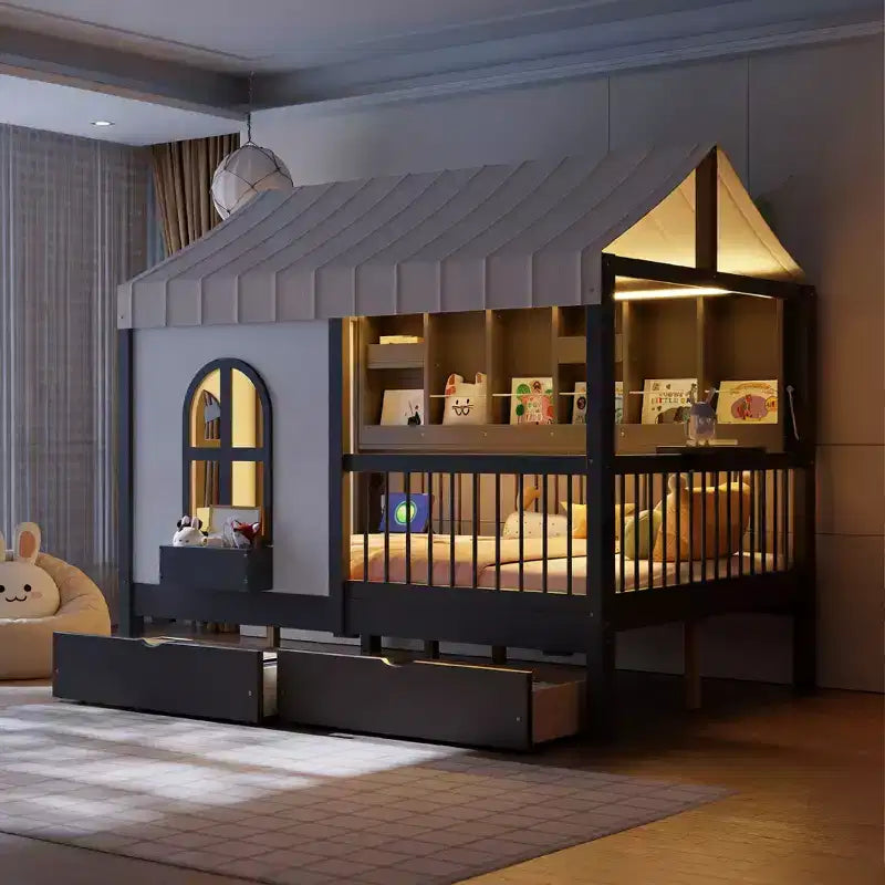 Lit de style maison Luxystar pleine grandeur avec 2 tiroirs, étagères de rangement éclairées, station de recharge, toit et barrières de sécurité