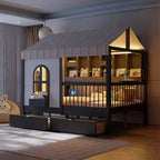 Lit de style maison Luxystar pleine grandeur avec 2 tiroirs, étagères de rangement éclairées, station de recharge, toit et barrières de sécurité