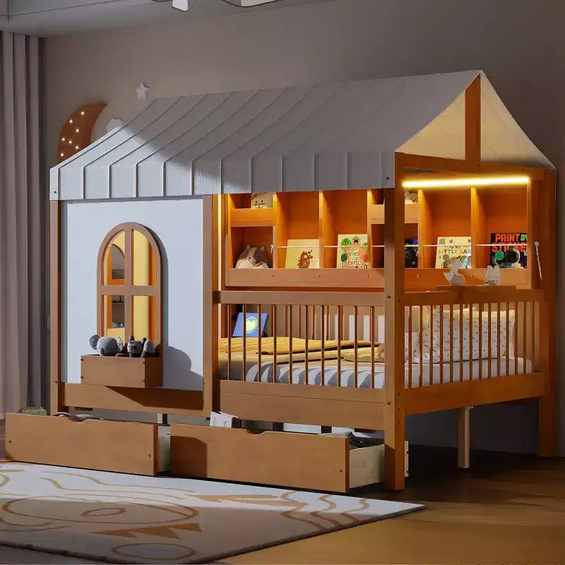 Lit de style maison Luxystar pleine grandeur avec 2 tiroirs, étagères de rangement éclairées, station de recharge, toit et barrières de sécurité