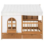 Lit de style maison Luxystar pleine grandeur avec 2 tiroirs, étagères de rangement éclairées, station de recharge, toit et barrières de sécurité