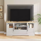 Meuble TV, Meuble TV de style ferme avec motif ondulé et 2 armoires à portes vitrées, Console média avec rangement ouvert pour le salon