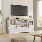 Meuble TV, Meuble TV de style ferme avec motif ondulé et 2 armoires à portes vitrées, Console média avec rangement ouvert pour le salon