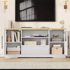 Meuble TV, Meuble TV de style ferme avec motif ondulé et 2 armoires à portes vitrées, Console média avec rangement ouvert pour le salon