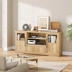 Meuble TV, Meuble TV de style ferme avec motif ondulé et 2 armoires à portes vitrées, Console média avec rangement ouvert pour le salon