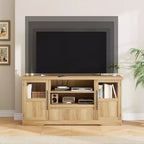 Meuble TV, Meuble TV de style ferme avec motif ondulé et 2 armoires à portes vitrées, Console média avec rangement ouvert pour le salon