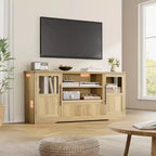 Meuble TV, Meuble TV de style ferme avec motif ondulé et 2 armoires à portes vitrées, Console média avec rangement ouvert pour le salon