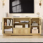 Meuble TV, Meuble TV de style ferme avec motif ondulé et 2 armoires à portes vitrées, Console média avec rangement ouvert pour le salon