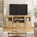 TV Stand, Farmhouse Entertainment Center with Wave Pattern & 2 Glass Door Cabinets, Media Console with Open Storage for Living Room