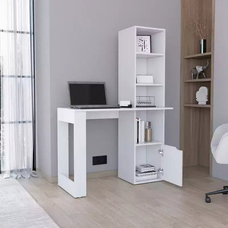 TUYOHW 25 Bureau d'ordinateur, Bureau à domicile avec bibliothèque à 4 niveaux, 1 armoire, grande surface de travail, bureau d'écriture pour chambre, étude, petits espaces