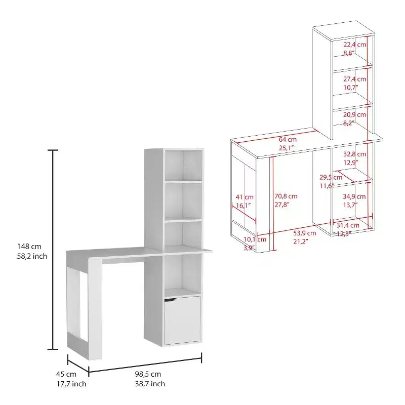 TUYOHW 25 Bureau d'ordinateur, Bureau à domicile avec bibliothèque à 4 niveaux, 1 armoire, grande surface de travail, bureau d'écriture pour chambre, étude, petits espaces