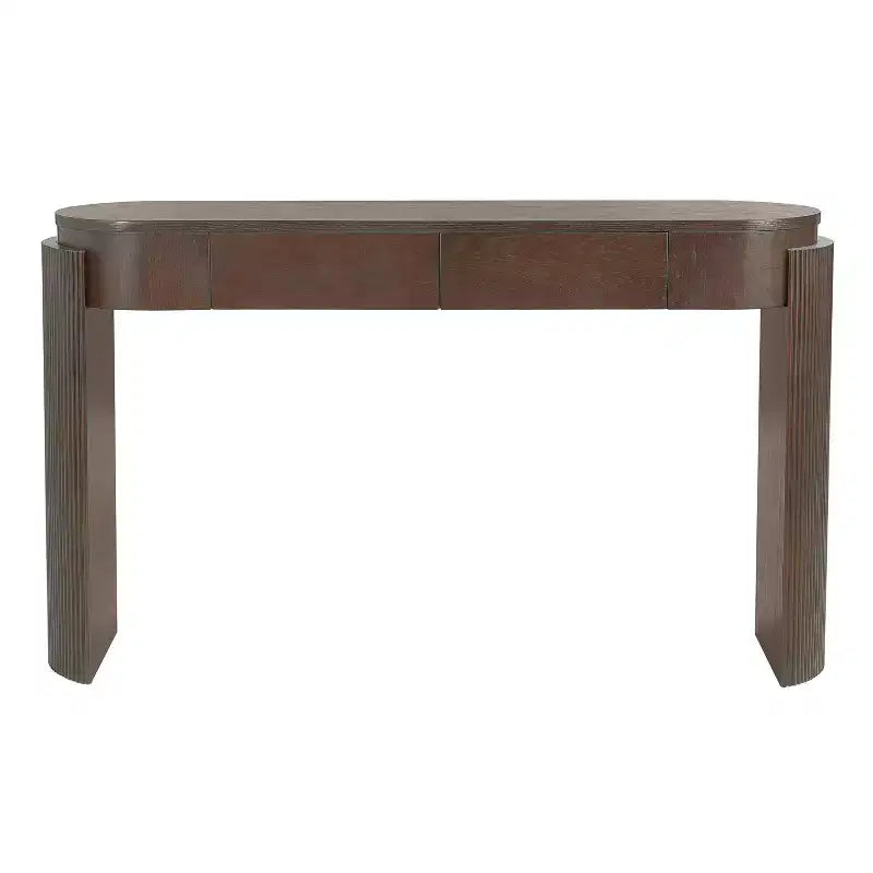 JVNOXK Console d'entrée avec plateau ovale et 2 tiroirs, finition grain de bois naturel cannelé, adaptée au salon, brun expresso