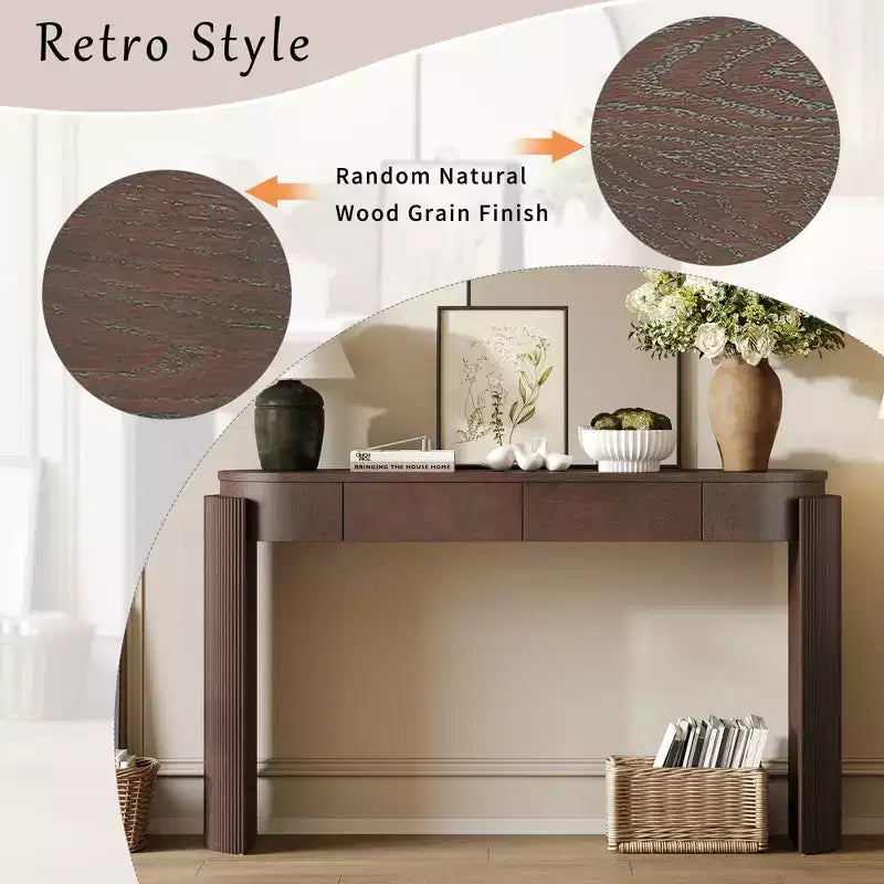 JVNOXK Console d'entrée avec plateau ovale et 2 tiroirs, finition grain de bois naturel cannelé, adaptée au salon, brun expresso