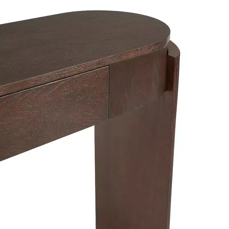 JVNOXK Console d'entrée avec plateau ovale et 2 tiroirs, finition grain de bois naturel cannelé, adaptée au salon, brun expresso