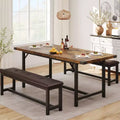 Brown Farmhouse Dining Table Set  4-6 Seater Drop Leaf Table with 2 Upholstered Benches, Sturdy for Dining Room, Kitchen & Apartment