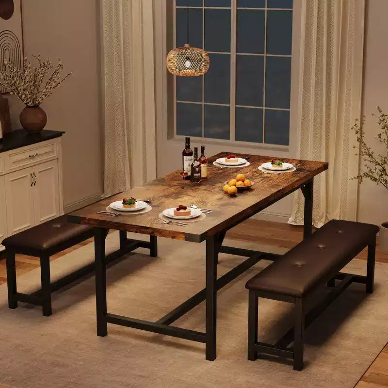 Ensemble table de salle à manger marron style ferme, table à rallonges 4-6 places avec 2 bancs rembourrés, robuste pour salle à manger, cuisine et appartement