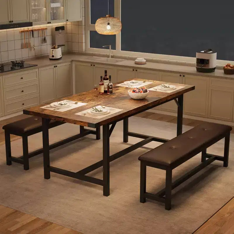 Ensemble table de salle à manger marron style ferme, table à rallonges 4-6 places avec 2 bancs rembourrés, robuste pour salle à manger, cuisine et appartement