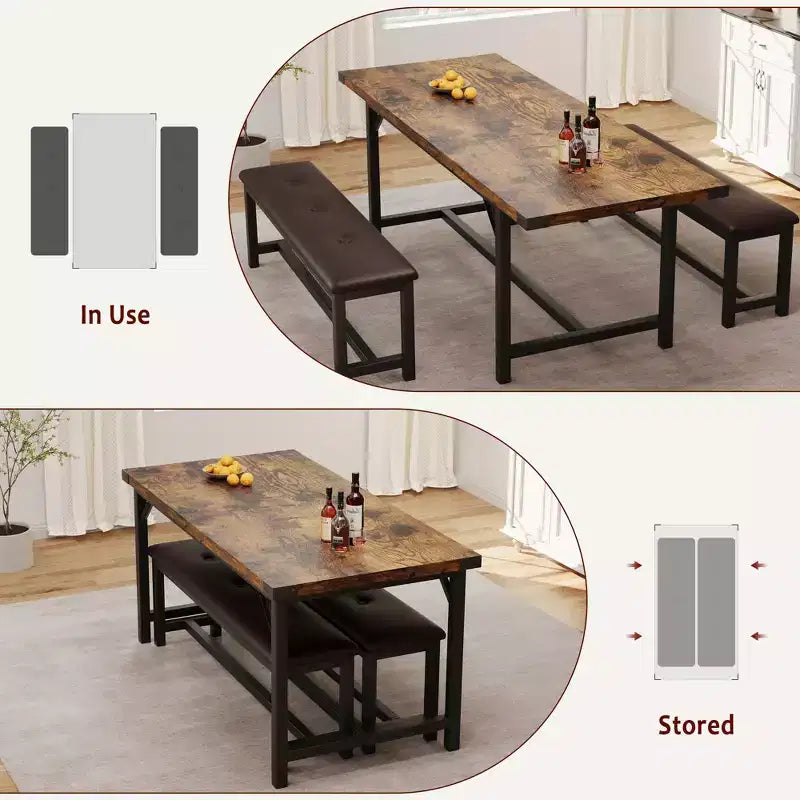 Ensemble table de salle à manger marron style ferme, table à rallonges 4-6 places avec 2 bancs rembourrés, robuste pour salle à manger, cuisine et appartement
