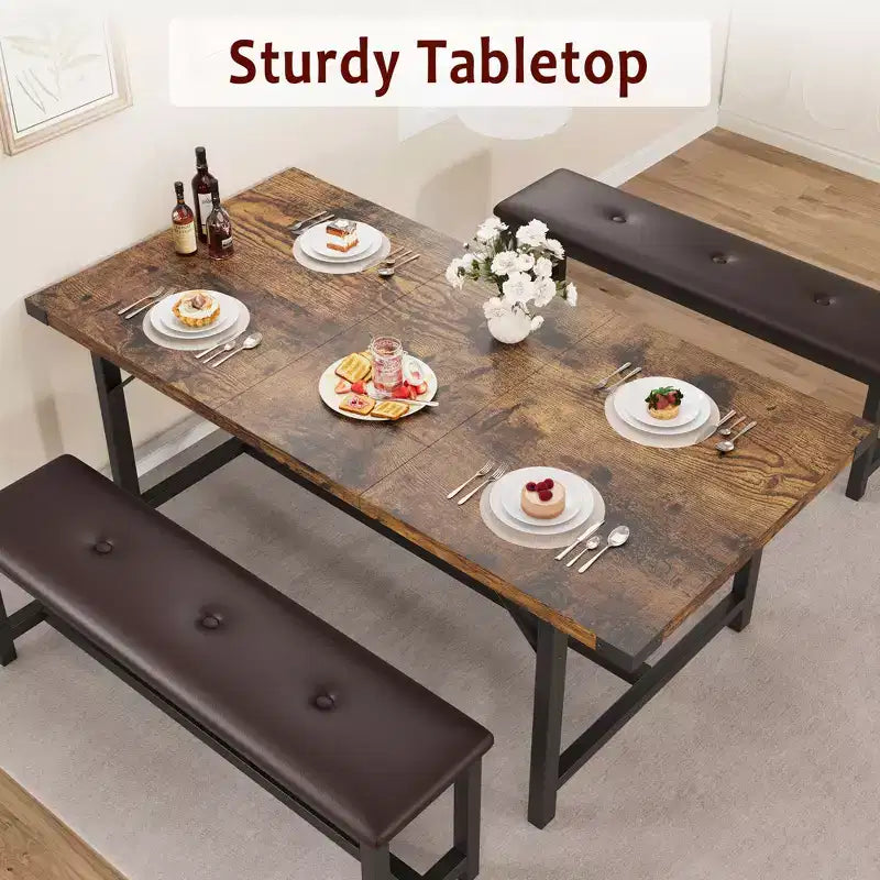 Ensemble table de salle à manger marron style ferme, table à rallonges 4-6 places avec 2 bancs rembourrés, robuste pour salle à manger, cuisine et appartement