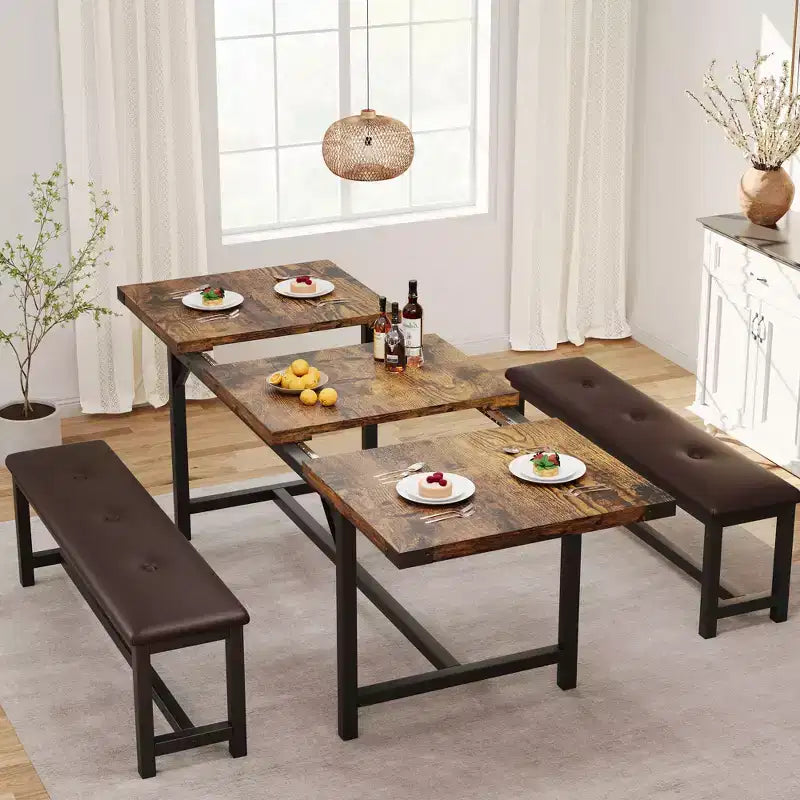 Ensemble table de salle à manger marron style ferme, table à rallonges 4-6 places avec 2 bancs rembourrés, robuste pour salle à manger, cuisine et appartement