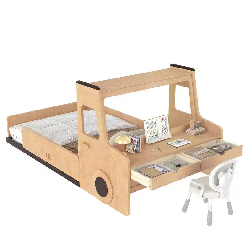 JVNOXK Lit superposé amusant en forme de voiture pour enfants avec tiroirs de rangement, fenêtres et bureau fabriqué à partir de matériaux naturels de première qualité Naturel