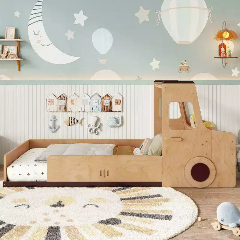 JVNOXK Lit superposé amusant en forme de voiture pour enfants avec tiroirs de rangement, fenêtres et bureau fabriqué à partir de matériaux naturels de première qualité Naturel