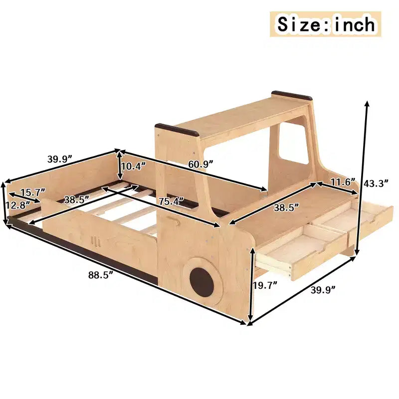 JVNOXK Lit superposé amusant en forme de voiture pour enfants avec tiroirs de rangement, fenêtres et bureau fabriqué à partir de matériaux naturels de première qualité Naturel