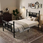 Cadre de lit Acekool industriel en métal, plateforme sans bruit avec rangement sous le lit et design en bois circulaire pour chambre à coucher