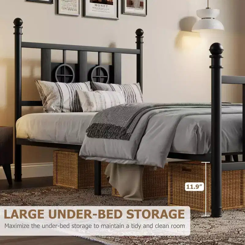 Cadre de lit Acekool industriel en métal, plateforme sans bruit avec rangement sous le lit et design en bois circulaire pour chambre à coucher