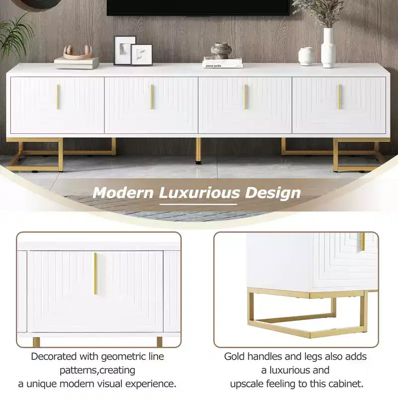 Meuble TV moderne blanc MAYEERTY, meuble console média avec pieds en métal et poignée dorée pour téléviseurs de 80 pouces
