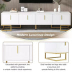 Meuble TV moderne blanc MAYEERTY, meuble console média avec pieds en métal et poignée dorée pour téléviseurs de 80 pouces