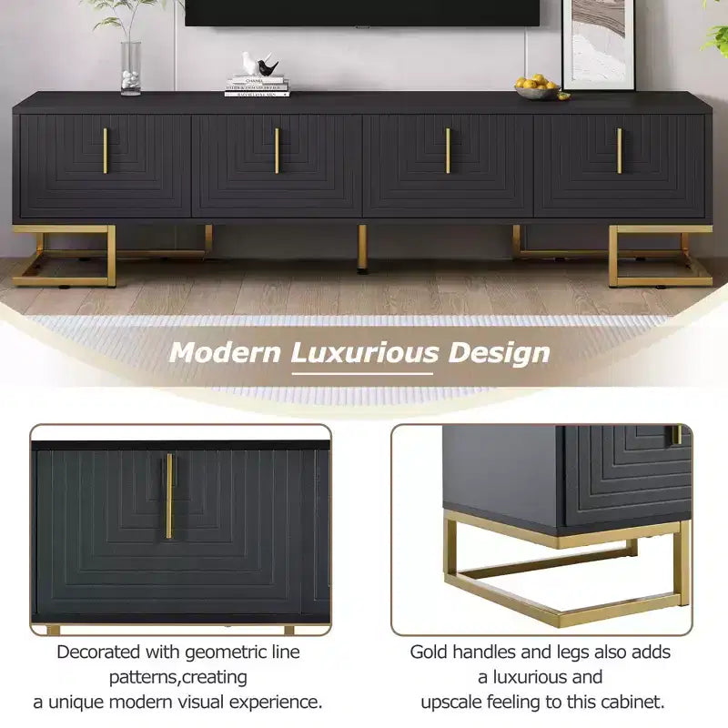 Meuble TV moderne blanc MAYEERTY, meuble console média avec pieds en métal et poignée dorée pour téléviseurs de 80 pouces
