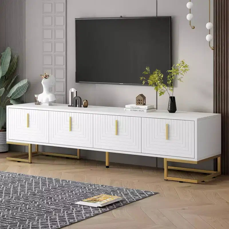 Meuble TV moderne blanc MAYEERTY, meuble console média avec pieds en métal et poignée dorée pour téléviseurs de 80 pouces