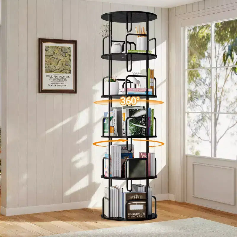 VIYET 62 Bibliothèque tournante à 5 niveaux 360°, MDF noir + fer, étagère étroite et haute (organisateur de rangement peu encombrant)