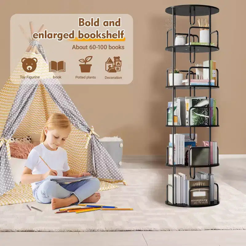 VIYET 62 Bibliothèque tournante à 5 niveaux 360°, MDF noir + fer, étagère étroite et haute (organisateur de rangement peu encombrant)